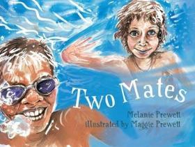 illustrated book cover image with two boys in a pool