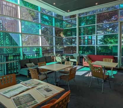 interior of kiama library with coloured glass windows