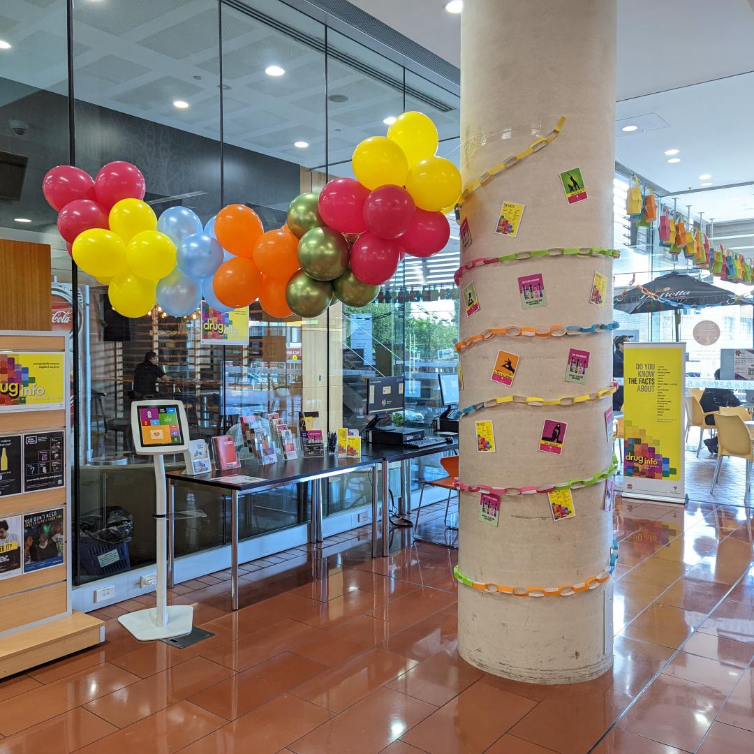 Drug Info display with coloured balloons at Max Webber Library Blacktown