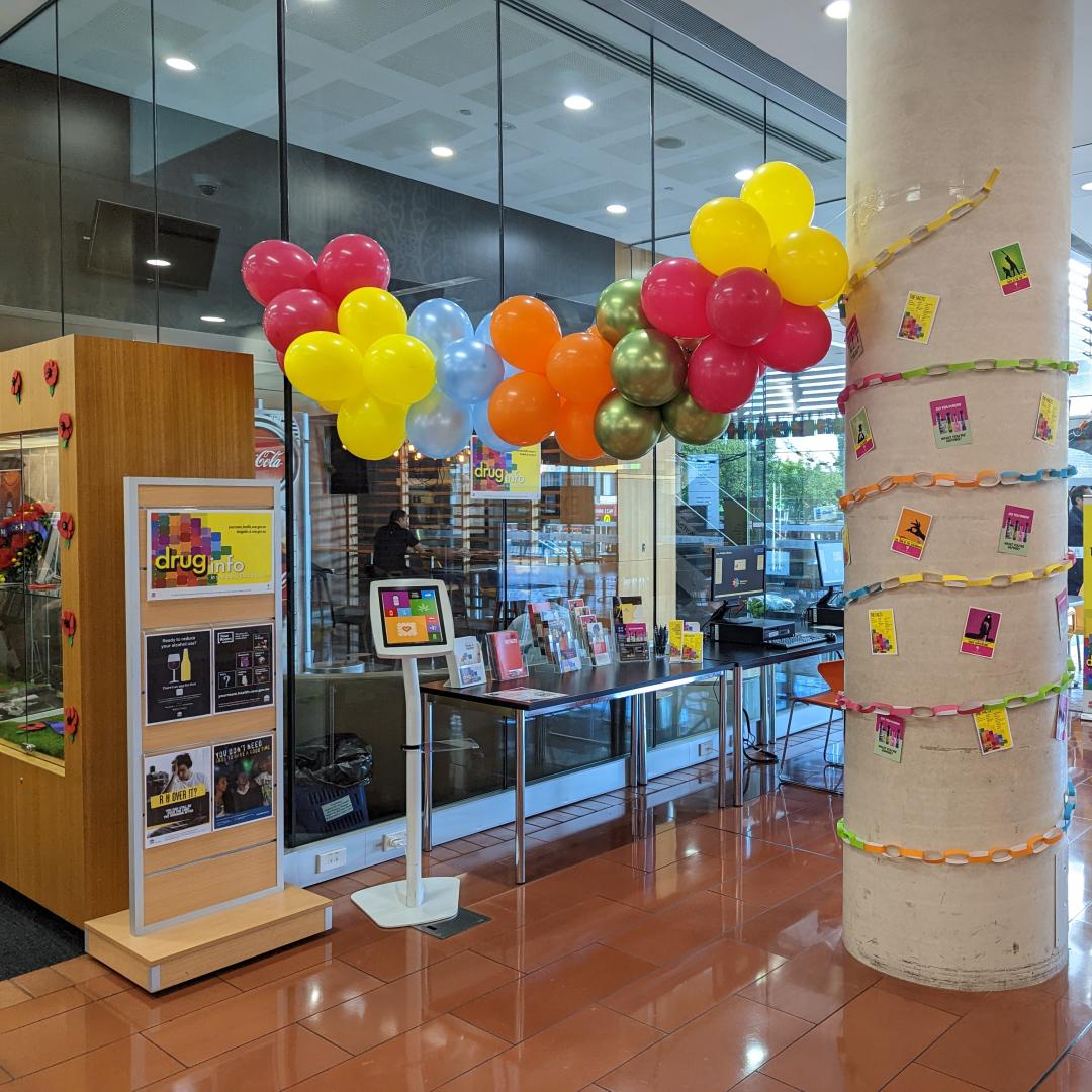 Drug Info display with coloured balloons at Max Webber Library Blacktown
